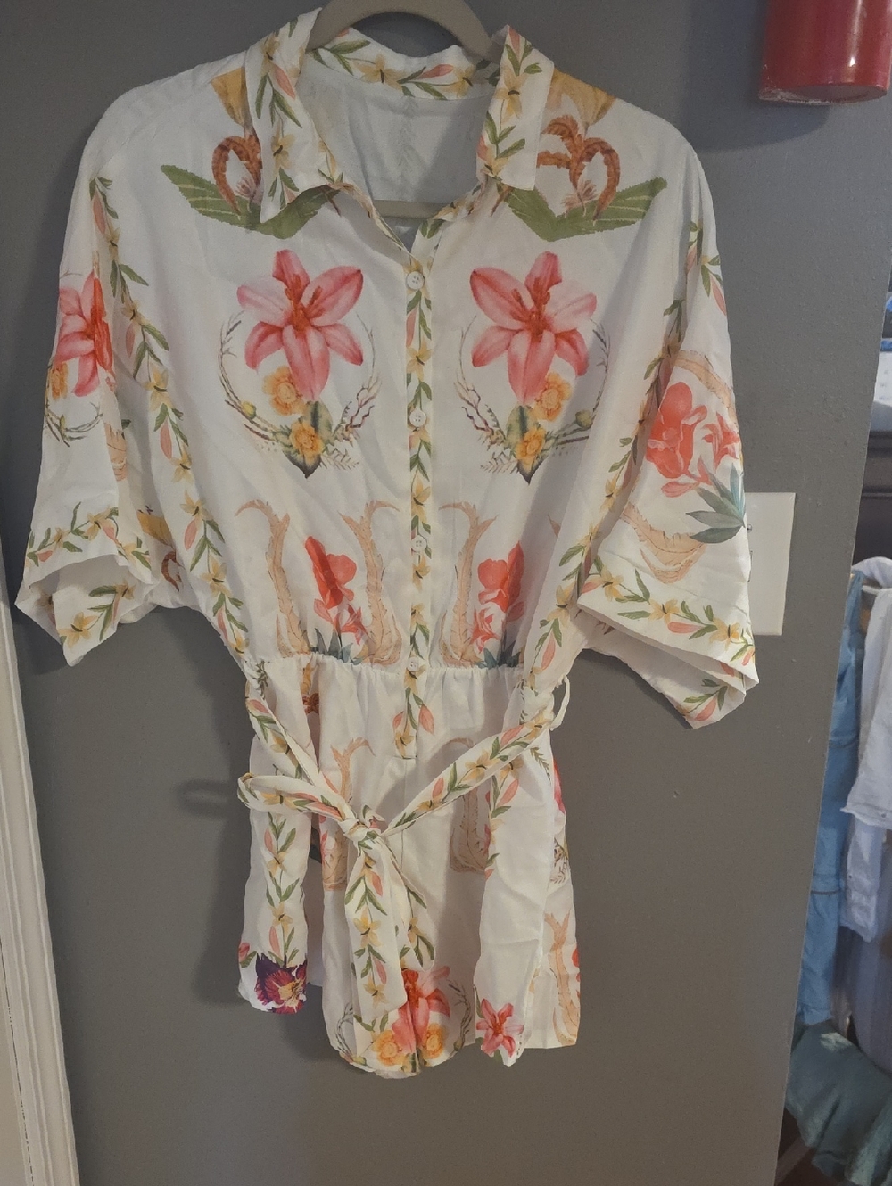 White Florad Beach Romper Cover Up